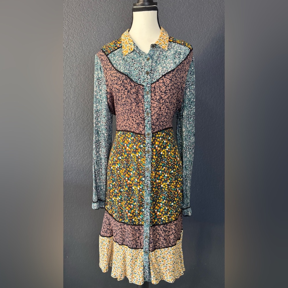 Maeve by Anthropologie Teya Patchwork Long Sleeve Dress | Size 14